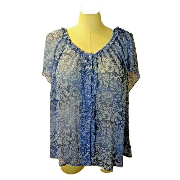 Avenue 26/28 Blue Sheer Polyester Button Front Elastic Neck Blouse - Picture 1 of 8
